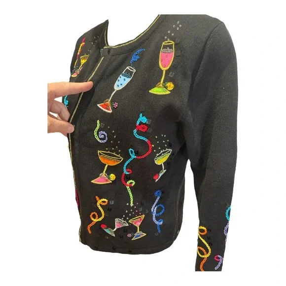 80s BERER 2 BLACK & MULTI-COLOR COCKTAILS HOUR W STREAMERS CARDIGAN SWEATER SZ S - Picture 4 of 12